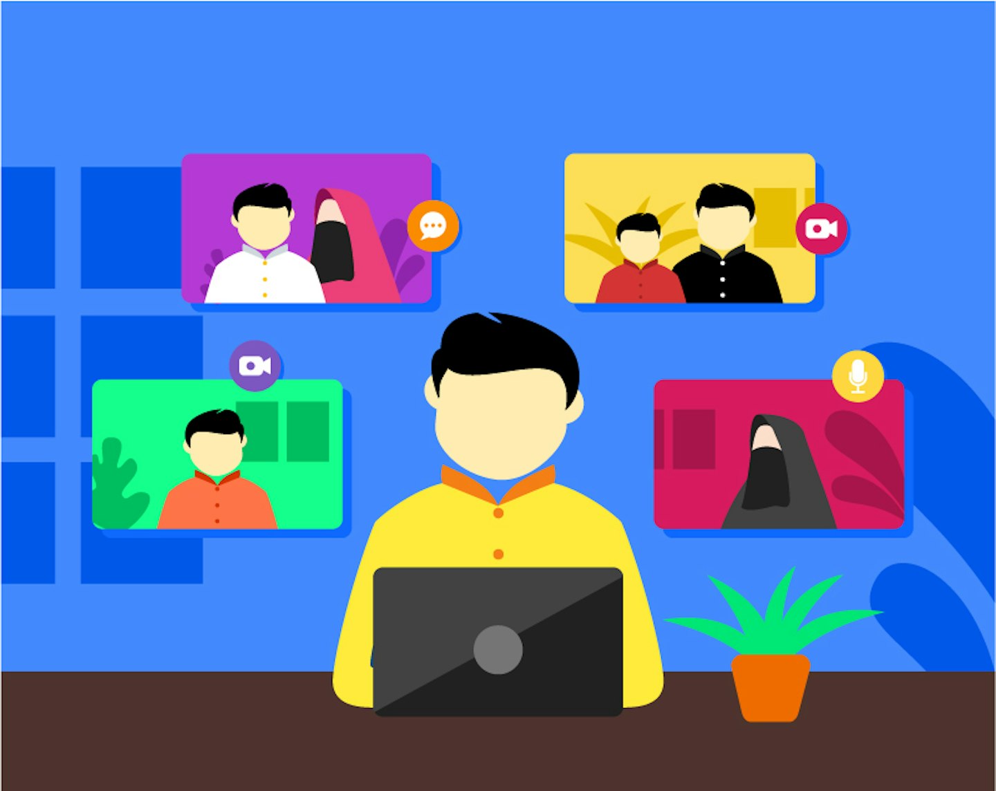 Cartoon of student meeting friends online